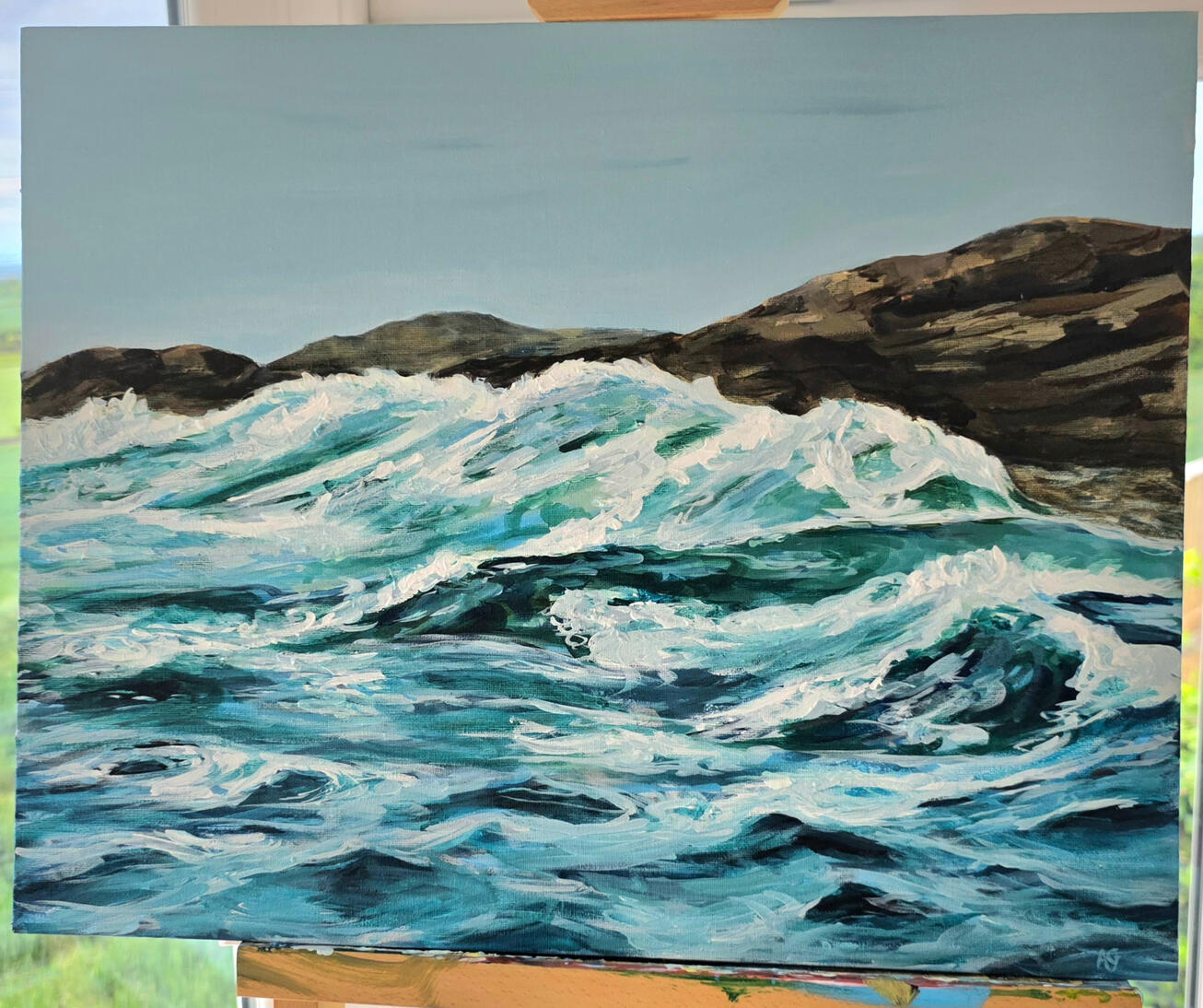 Barriers by AlliesArt, acrylic on canvas board, choppy waves crashing on rocks in background done in loose style