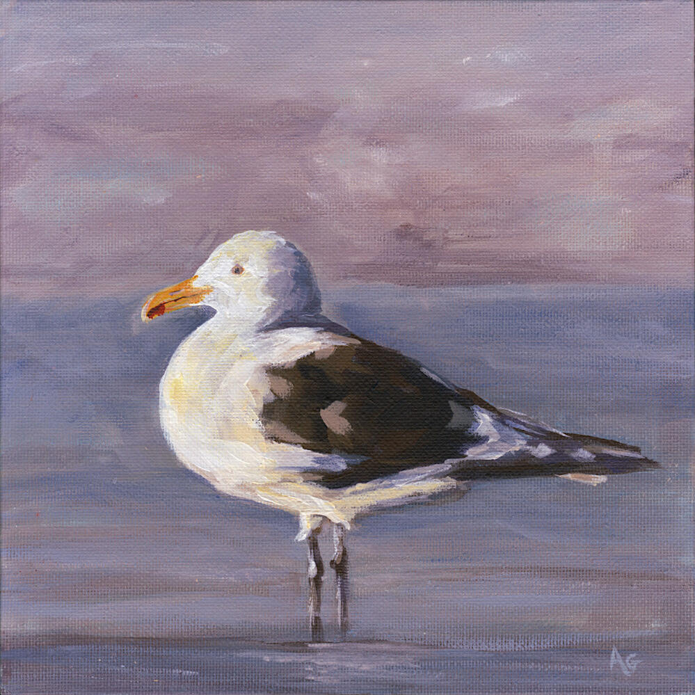 The Watcher by AlliesArt, acrylic on canvas board, focus of a lone white gull on a blue and purple background