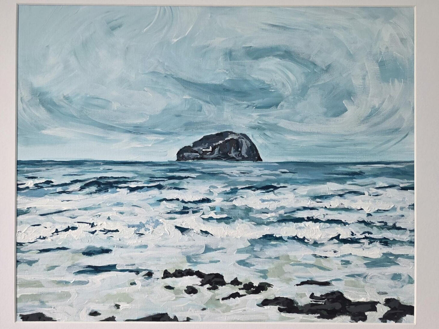 Seacliff Beach by AlliesArt, acrylic on canvas board, view of the waves crashing and the bass rock centered on the horizon line with moving clouds above