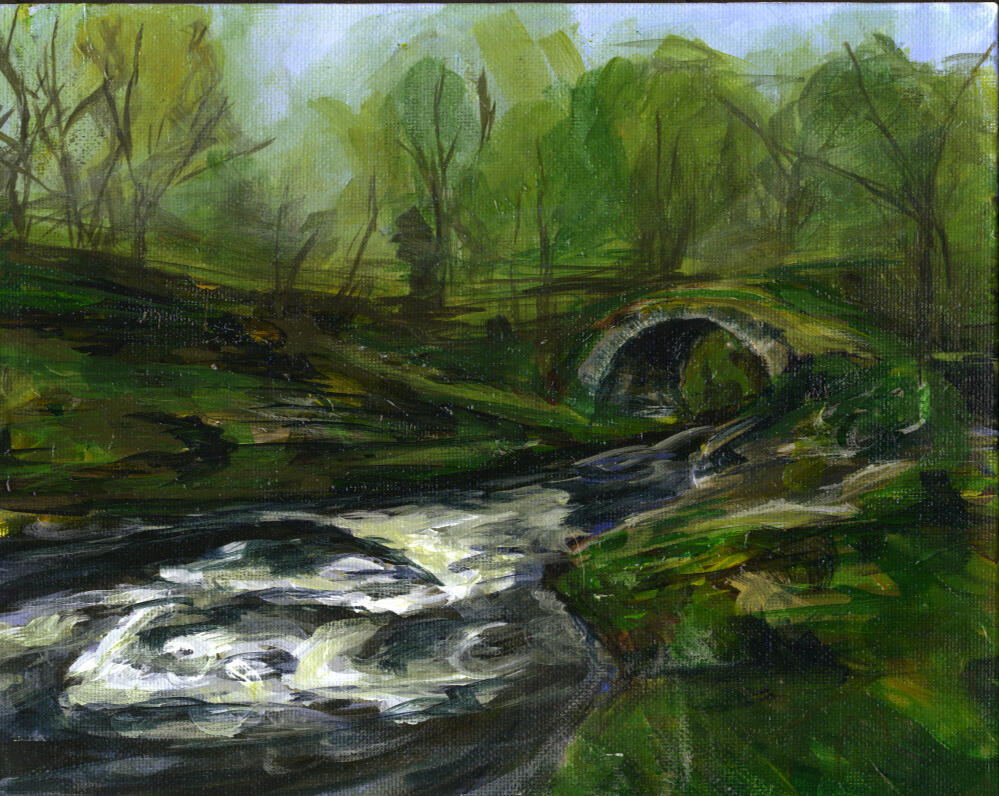 Packhorse Study by AlliesArt, acrylic on canvas board, view of an overgrown mossy stone bridge over water with greenery all around