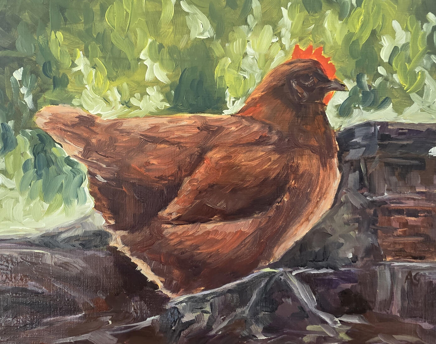 Painting by AlliesArt of a chicken next to a stone wall with green leaves and foliage behind