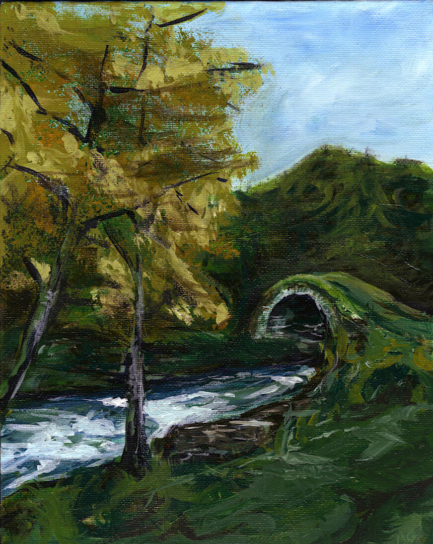 Packhorse Bridge by AlliesArt, acrylic on canvas board, view of an overgrown mossy stone bridge over water with trees in front