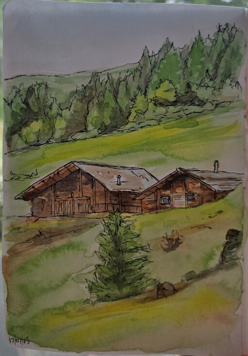 Cabin in the woods, Watercolour and pen on paper, 18.5 x 13 cm Cabin in the woods, Watercolour and pen on paper, 18.5 x 13 cm