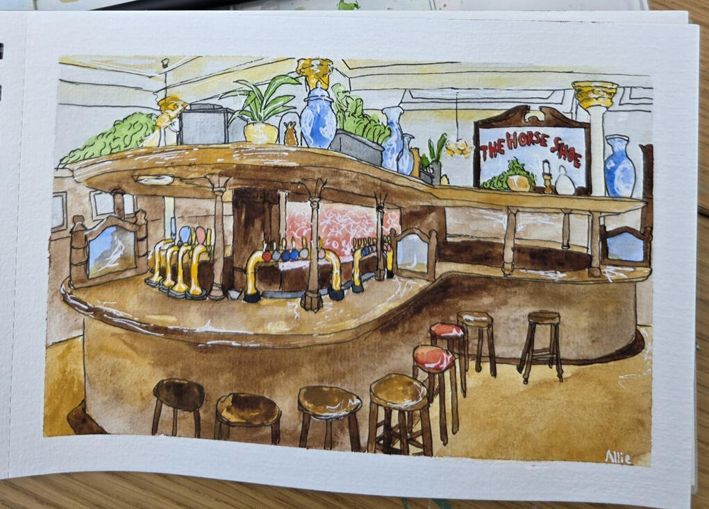 Horseshoe Bar, Watercolour and pen on paper, 5.5 x 8.5 inches