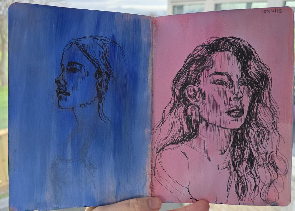 Portrait Practice, Acrylic and ink on paper, 18.5 x 26 cm