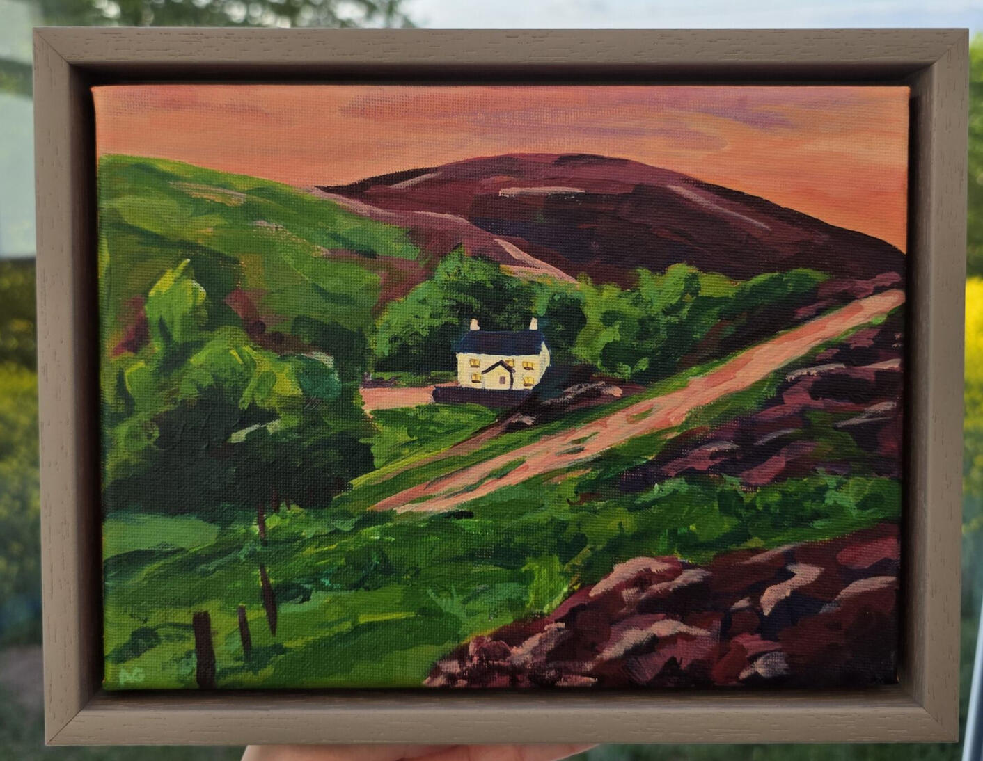 Heather Bound by AlliesArt, acrylic on canvas, focus of a lone white house in the pentlands surrounded by green and heather
