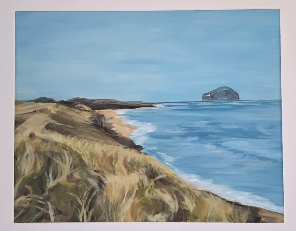 Tyninghame Beach by AlliesArt, acrylic on canvas board, view of the beach from a sand grassy dune, the bass rock in the horizon