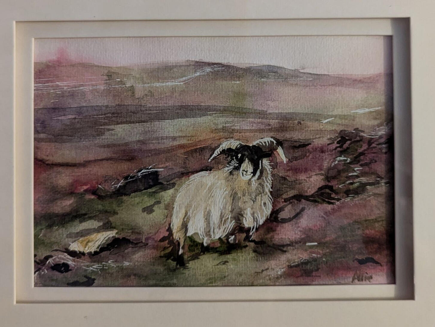 Sheep in the Pentlands by AlliesArt, watercolour and pen on paper, done in a loose style focus being the sheep in front